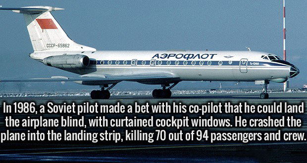pilot facts - Cccp65952 In 1986, a Soviet pilot made a bet with his copilot that he could land the airplane blind, with curtained cockpit windows. He crashed the plane into the landing strip, killing 70 out of 94 passengers and crew.