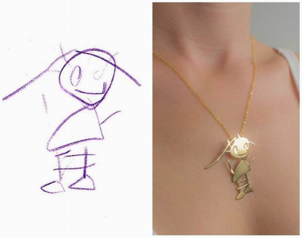 There is a company called Tasarim Takarim that makes jewelry from your kid's drawings.