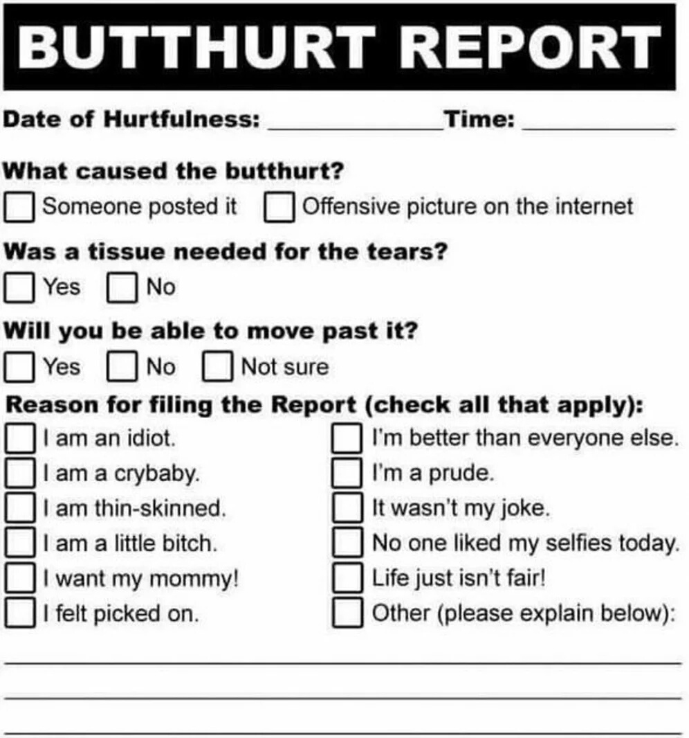 butthurt report - Butthurt Report Date of Hurtfulness Time What caused the butthurt? Someone posted it Offensive picture on the internet Was a tissue needed for the tears? Yes No Will you be able to move past it? Yes No Not sure Reason for filing the Repo