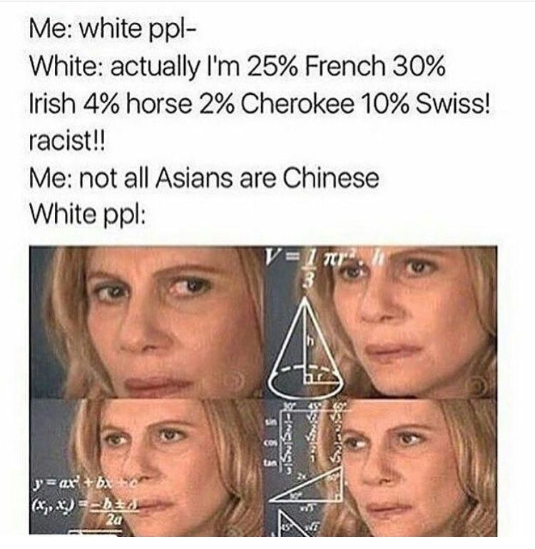 things white people like meme - Me white ppl White actually I'm 25% French 30% Irish 4% horse 2% Cherokee 10% Swiss! racist!! Me not all Asians are Chinese White ppl Sss Sisirs y ax'b. 20