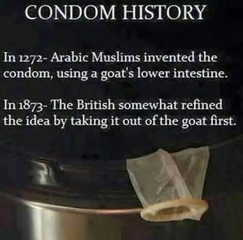 condom history joke - Condom History In 1272 Arabic Muslims invented the condom, using a goat's lower intestine. In 1873 The British somewhat refined the idea by taking it out of the goat first.