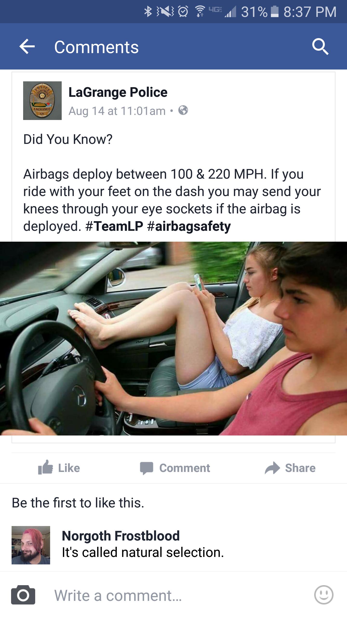 facebook post about putting your feet on the airbag and natural selection comment