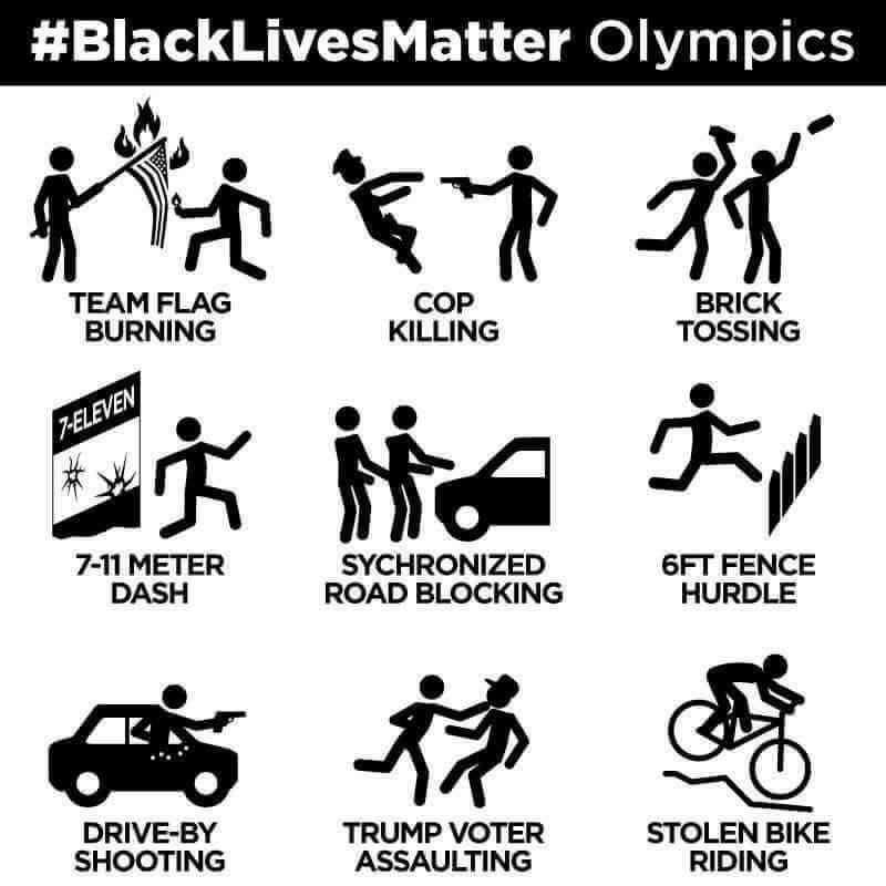 anti black lives matter meme - Olympics Team Flag Burning Cop Killing Brick Tossing 7Eleven Ek Ha 711 Meter Dash Sychronized Road Blocking 6FT Fence Hurdle DriveBy Shooting Trump Voter Assaulting Stolen Bike Riding