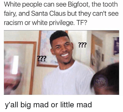 ugly girl meme - White people can see Bigfoot, the tooth fairy, and Santa Claus but they can't see racism or white privilege. Tf? ??? 22 Thru y'all big mad or little mad