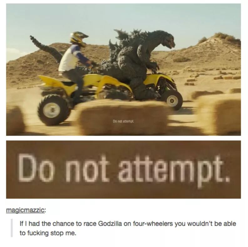 godzilla do not attempt - Do not to Do not attempt. magicmazzic If I had the chance to race Godzilla on fourwheelers you wouldn't be able to fucking stop me.