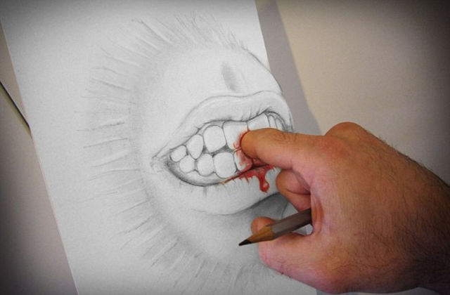 cartoon eating the artist's finger