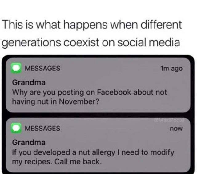 meme about grandma social media - This is what happens when different generations coexist on social media Messages 1m ago Grandma Why are you posting on Facebook about not having nut in November? Messages now Grandma If you developed a nut allergy I need 