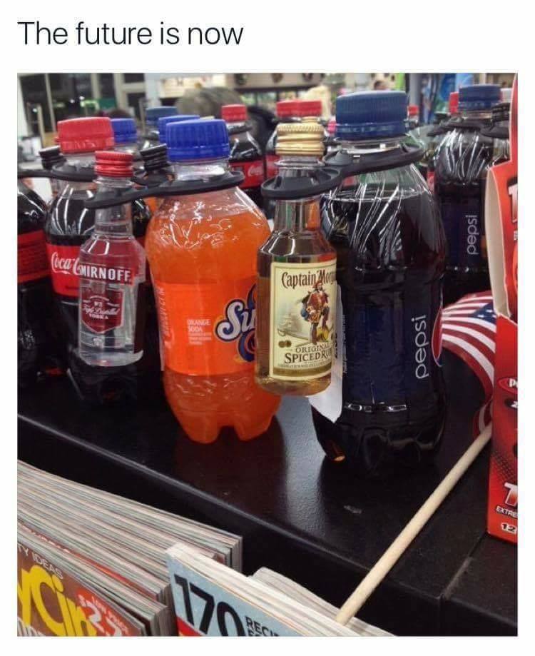Meme that shows sodas that are being sold with small bottles of booze