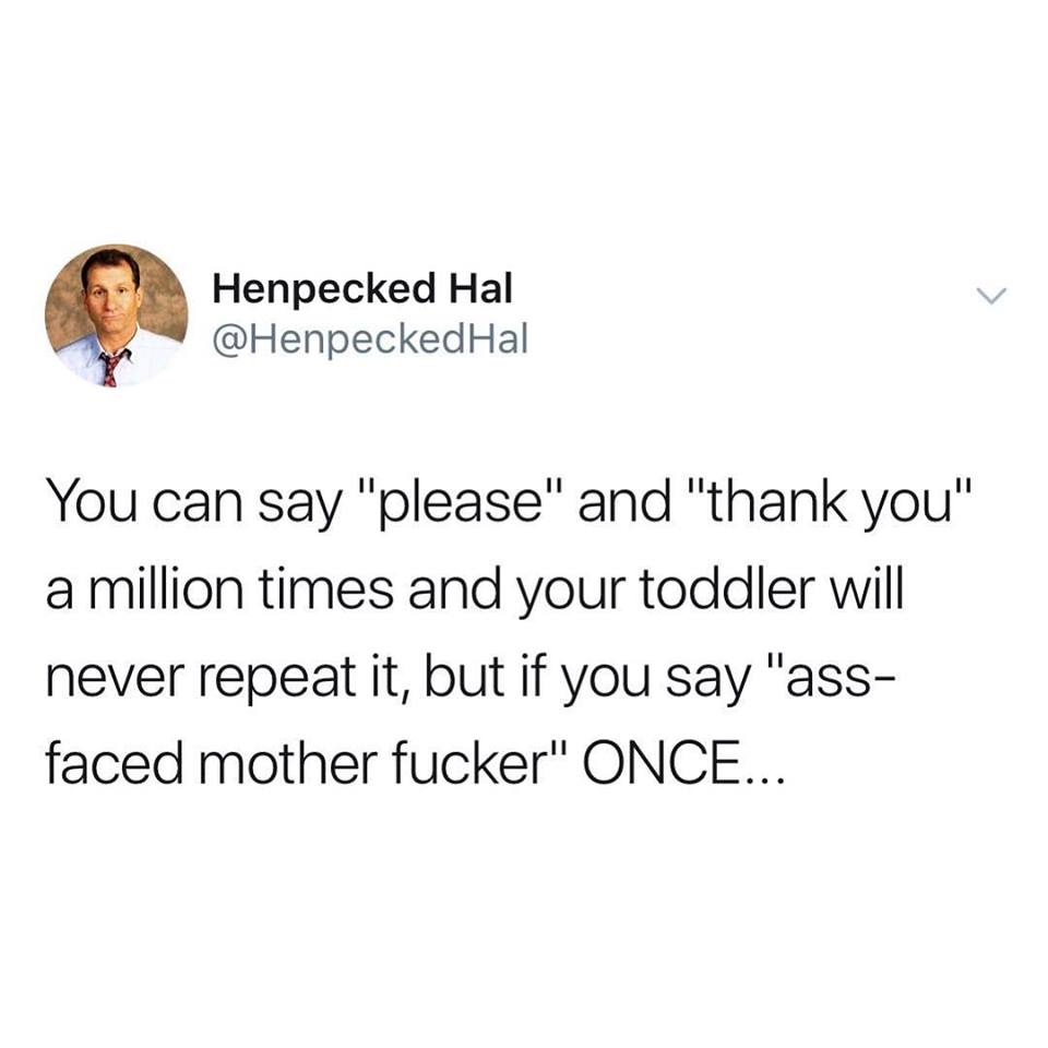 screenshot of a tweet by henpecked hal that says 'You can say please and thank you a million times and your toddler will never repeat it, but if you say ass-faced mother fucker once...'