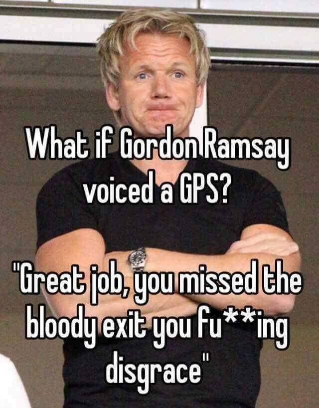 Meme of Gordon Ramsay that says ' what if Gordon Ramsay voiced a GPS? "Great job, you missed the bloody exit you fu**ing disgrace"'