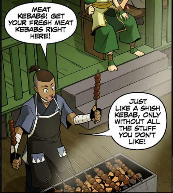 Cartoon of a Japanese cook saying 'meat kebabs! get your fresh meat kebabs right here! Just like a shish kebab, only without all the stuff you don't like'