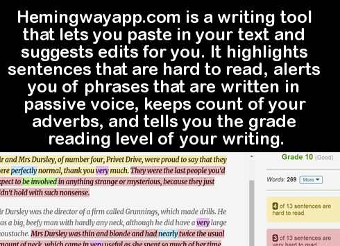 Screenshot of a website that edits your text with the caption 'Hemingwayapp.com is a writing tool that lets you paste in your text and suggests edits for you. It highlights sentences that are hard to read, alerts you of phrases that are written in passive