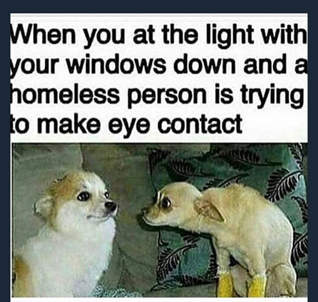 don t make eye contact meme - When you at the light with your windows down and a homeless person is trying to make eye contact