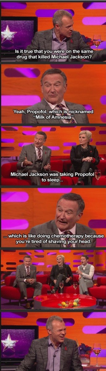 robin williams propofol - Is it true that you were on the same drug that killed Michael Jackson? Yeah, Propofol, which is nicknamed "Milk of Amnesia" Michael Jackson was taking Propofol to sleep... ... which is doing chemotherapy because you're tired of s