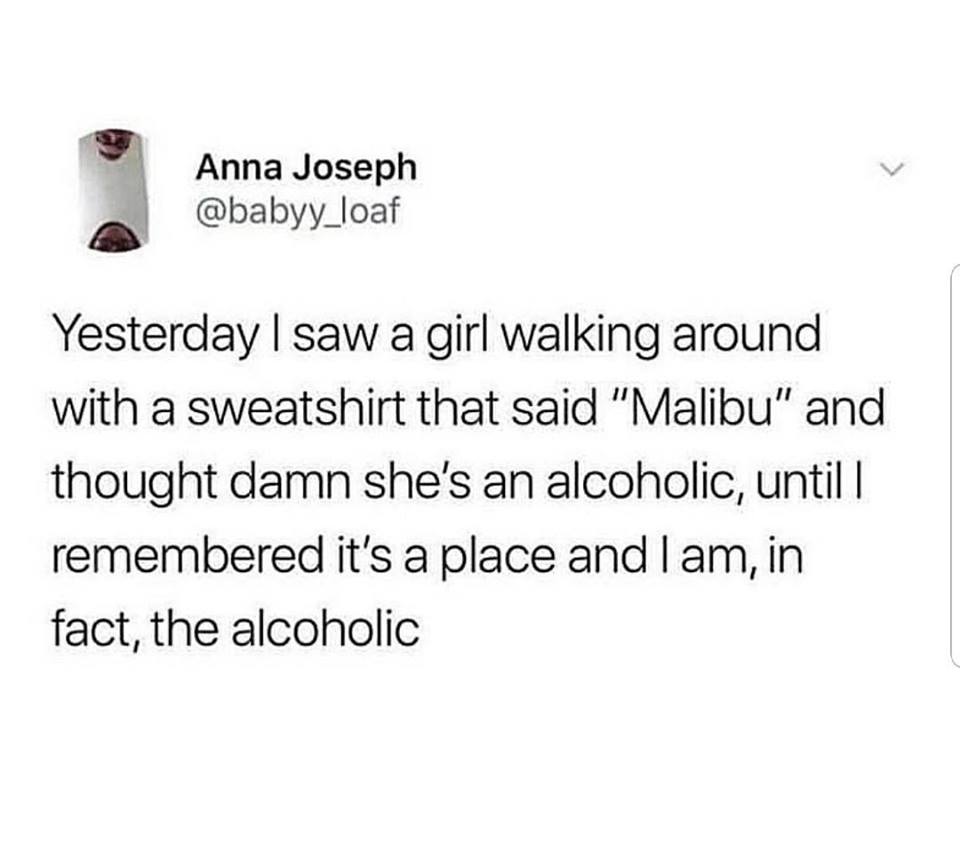 1 peter 3 3 4 - Anna Joseph Yesterday I saw a girl walking around with a sweatshirt that said "Malibu" and thought damn she's an alcoholic, until | remembered it's a place and I am, in fact, the alcoholic