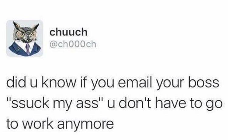 chuuch did u know if you email your boss "ssuck my ass" u don't have to go to work anymore