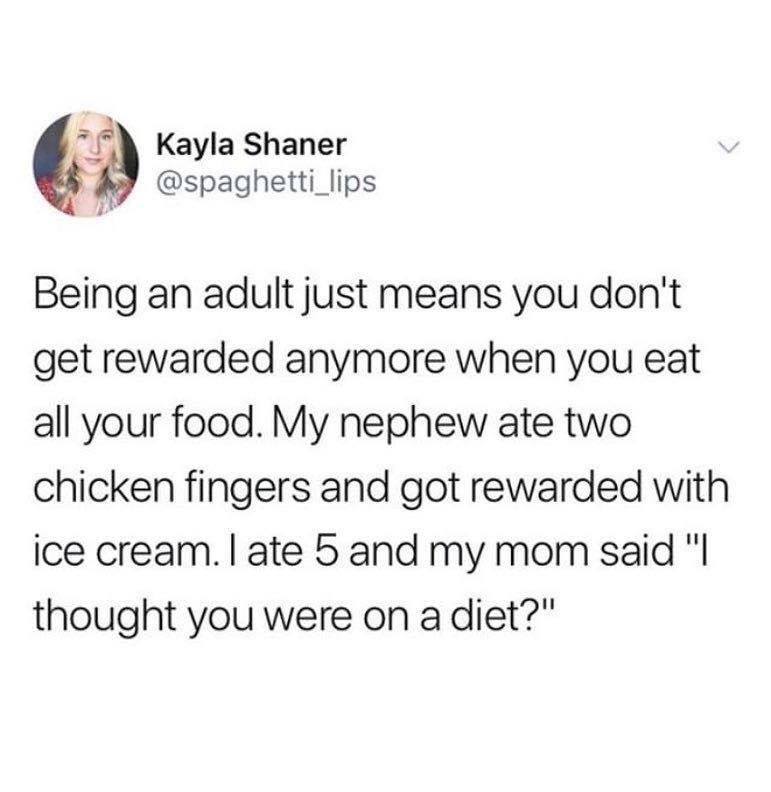 meme - harold they re lesbians - Kayla Shaner Being an adult just means you don't get rewarded anymore when you eat all your food. My nephew ate two chicken fingers and got rewarded with ice cream. I ate 5 and my mom said "I thought you were on a diet?"