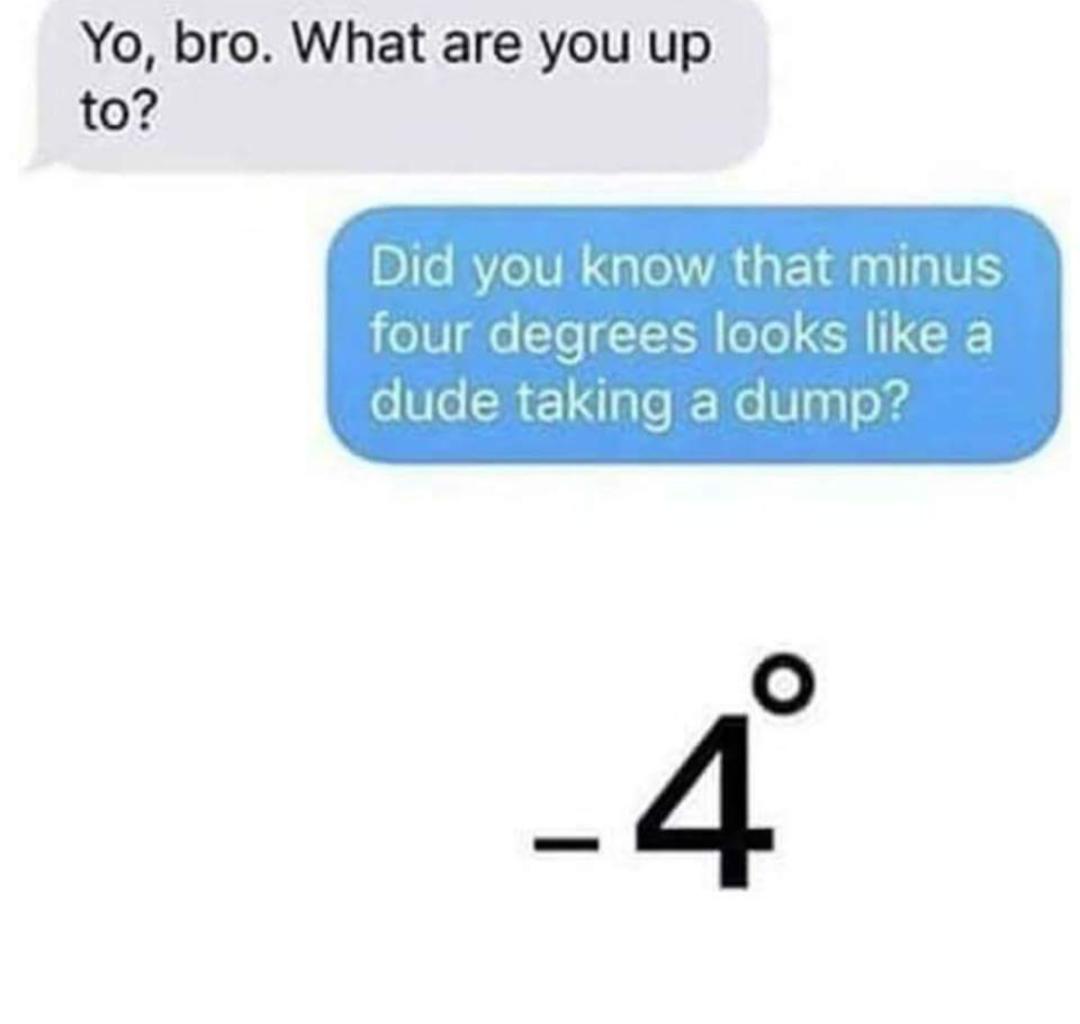 meme - degrees looks like a dude taking a dump - Yo, bro. What are you up to? Did you know that minus four degrees looks a dude taking a dump? Fo