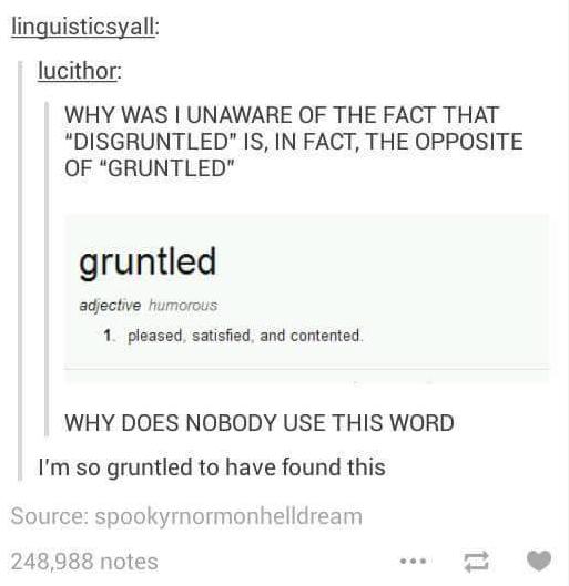 gruntled - linguisticsyall lucithor Why Was I Unaware Of The Fact That "Disgruntled" Is, In Fact, The Opposite Of "Gruntled" gruntled adjective humorous 1. pleased, satisfied, and contented. Why Does Nobody Use This Word I'm so gruntled to have found this