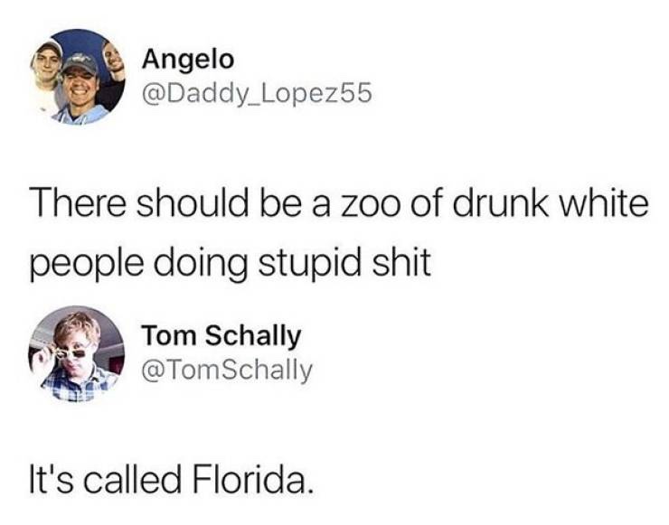 there should be a zoo of drunk white people - Angelo Angelo There should be a zoo of drunk white people doing stupid shit Tom Schally Schally It's called Florida.