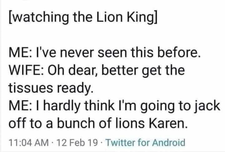 Meme - watching the Lion King Me I've never seen this before. Wife Oh dear, better get the tissues ready. Me I hardly think I'm going to jack off to a bunch of lions Karen. 12 Feb 19 Twitter for Android