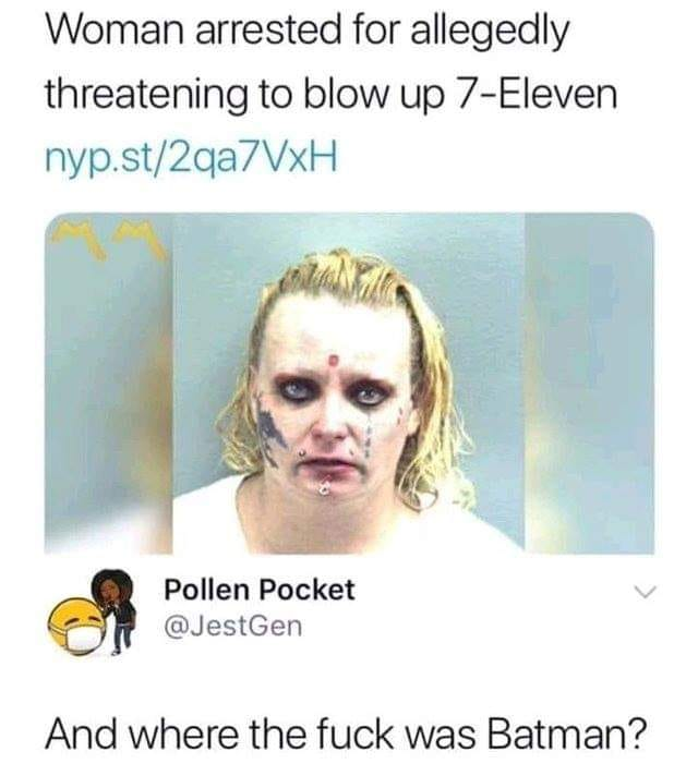 woman threatening - Woman arrested for allegedly threatening to blow up 7Eleven nyp.st2qa7VxH Pollen Pocket And where the fuck was Batman?