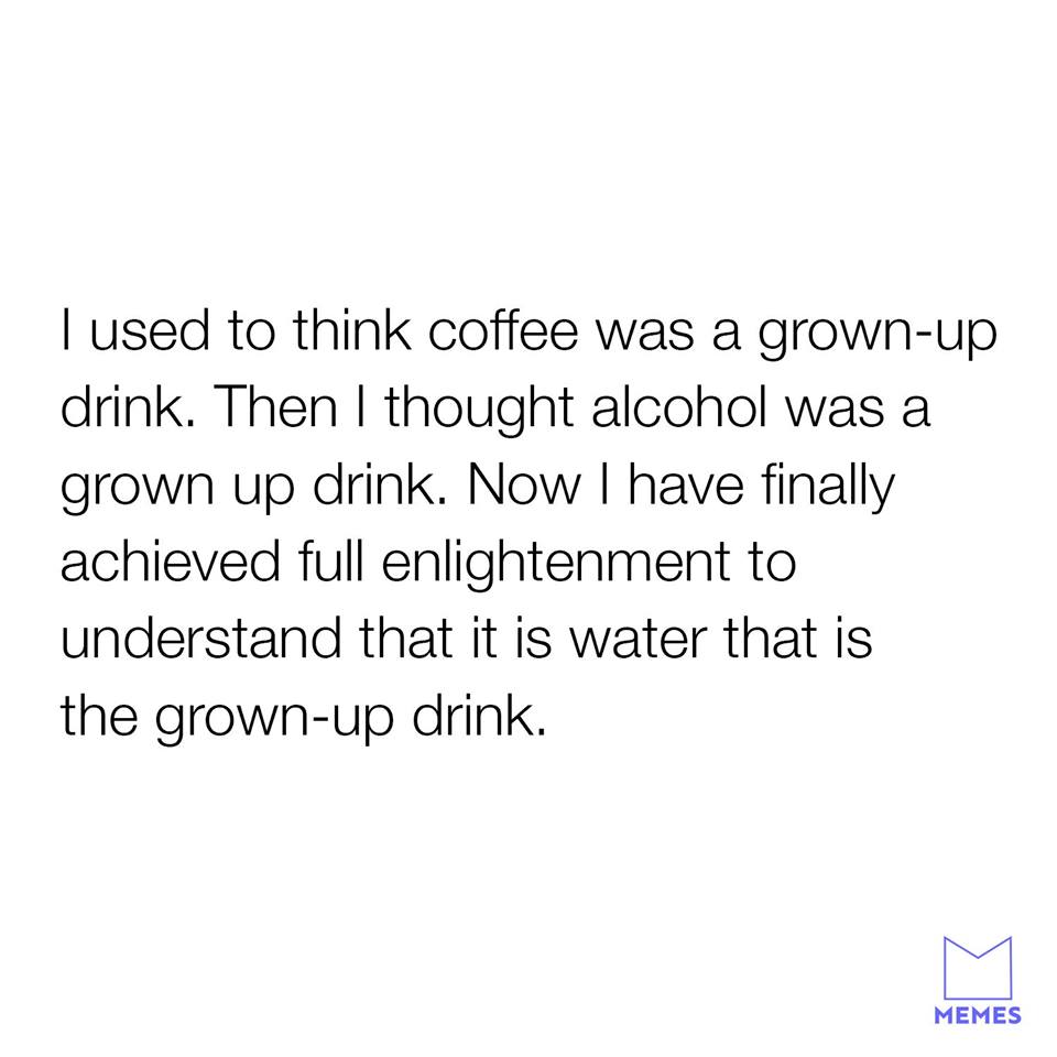 angle - Tused to think coffee was a grownup drink. Then I thought alcohol was a grown up drink. Now I have finally achieved full enlightenment to understand that it is water that is the grownup drink. Memes