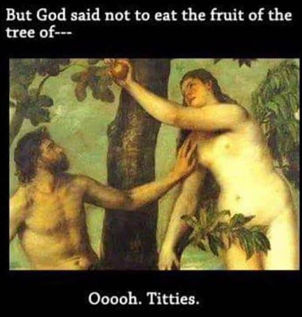 first couple on earth - But God said not to eat the fruit of the tree of Ooooh. Titties.
