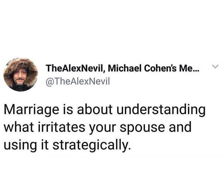 BTS - v TheAlexNevil, Michael Cohen's Me... Marriage is about understanding what irritates your spouse and using it strategically.