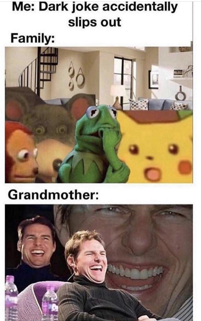 Random pics - grandma dark joke meme - Me Dark joke accidentally slips out Family Grandmother