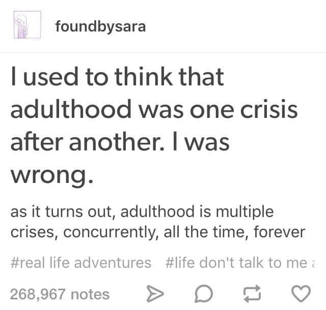 pics and memes - foundbysara Tused to think that adulthood was one crisis after another. I was wrong. as it turns out, adulthood is multiple crises, concurrently, all the time, forever life adventures don't talk to me 268,967 notes > D