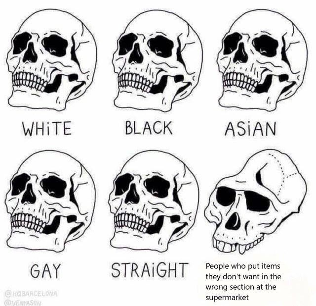 neanderthal meme - White Black Asian Gay Straight People who put items they don't want in the wrong section at the supermarket Hobarcelona Cevhayason