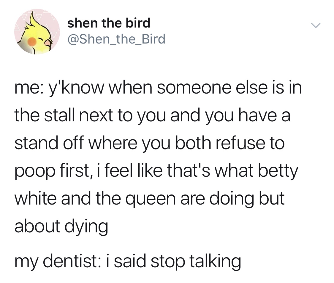 dentist i said stop talking - shen the bird me y'know when someone else is in the stall next to you and you have a stand off where you both refuse to poop first, i feel that's what betty white and the queen are doing but about dying my dentist i said stop