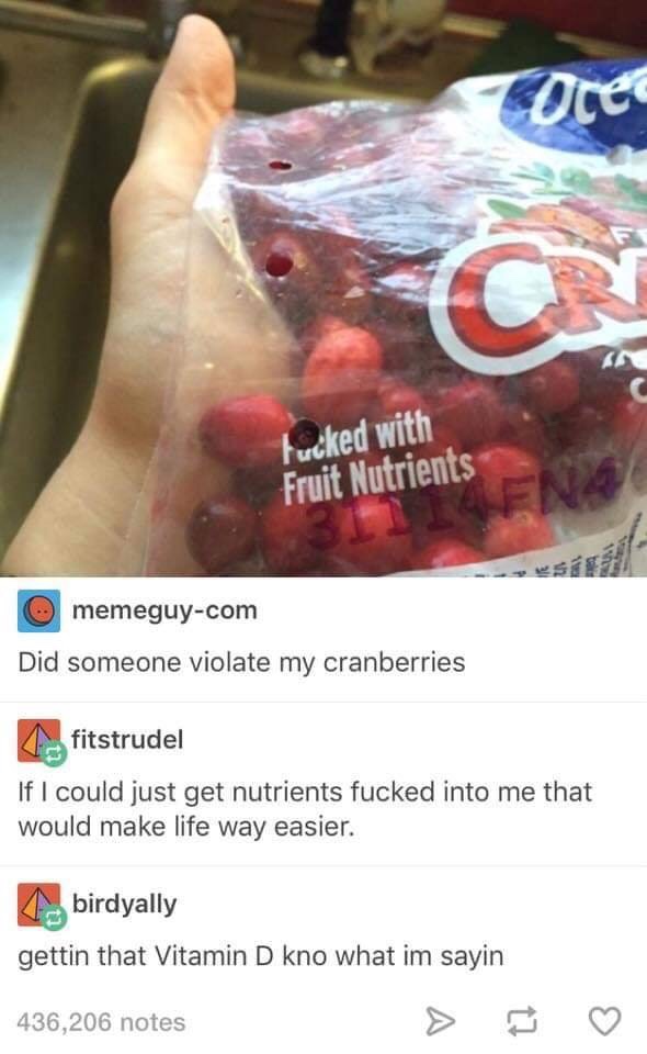 cranberries meme - Oce fucked with Fruit Nutrients memeguycom Did someone violate my cranberries 4 fitstrudel If I could just get nutrients fucked into me that would make life way easier. birdyally gettin that Vitamin D kno what im sayin 436,206 notes