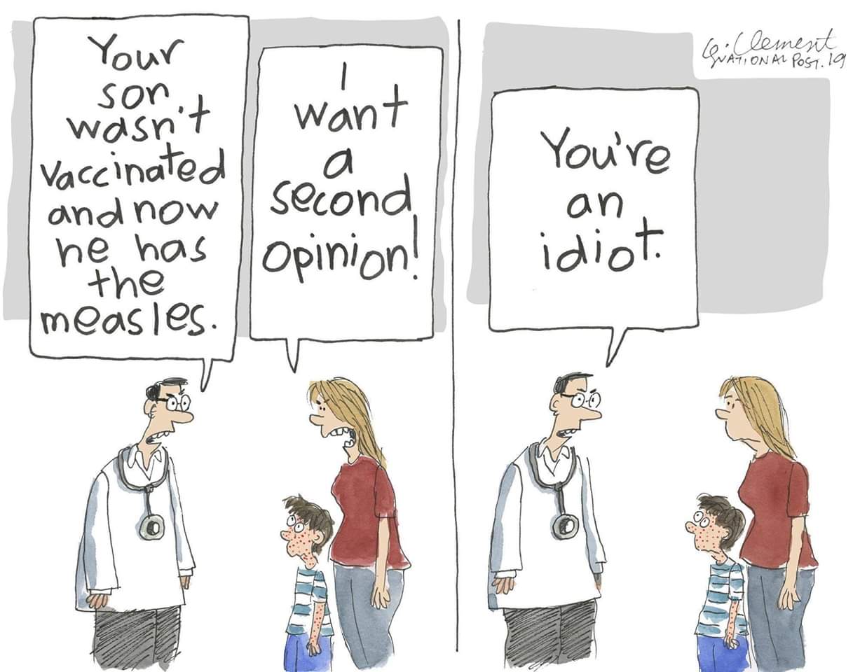 Opinion - 10 Clement Quational Post. 19 Your son. I You're wasn't want Vaccinated and now second he has | Opinion! the measles. an idiot