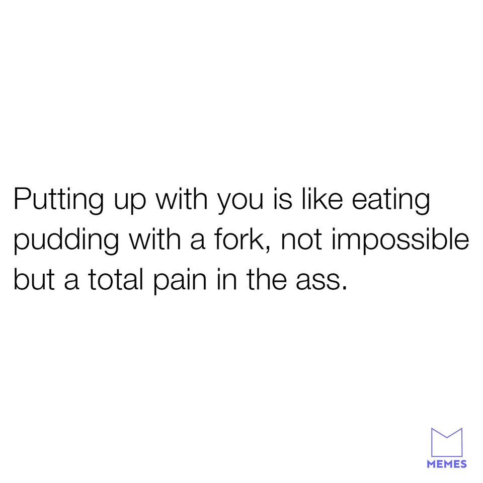 Happiness - Putting up with you is eating pudding with a fork, not impossible but a total pain in the ass. Memes