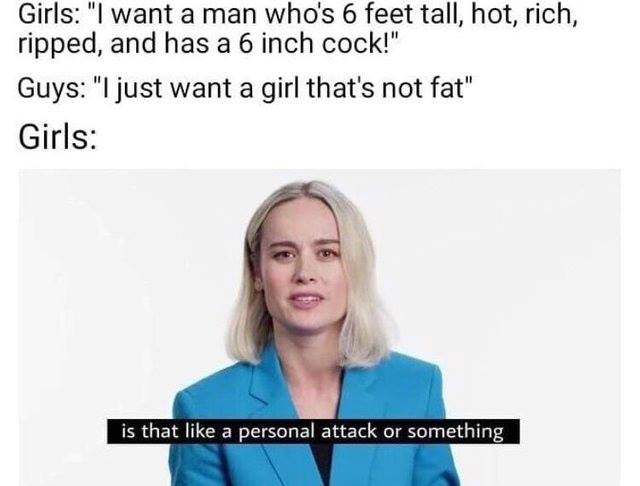 funny meme of something like personal attack - Girls "I want a man who's 6 feet tall, hot, rich, ripped, and has a 6 inch cock!" Guys "I just want a girl that's not fat" Girls is that a personal attack or something is that a personal attack or something