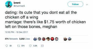 funny memes - web page - brent Omurmmans dating its cute that you dont eat all the chicken off a wing marriage there's $1.75 worth of chicken left on those bones, meghan 574 3,252 2 1 574 2.