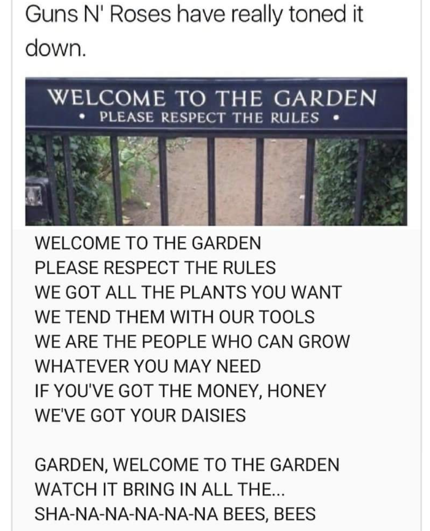 funny memes - welcome to the garden please respect the rules - Guns N' Roses have really toned it down. Welcome To The Garden Please Respect The Rules. Welcome To The Garden Please Respect The Rules We Got All The Plants You Want We Tend Them With Our Too