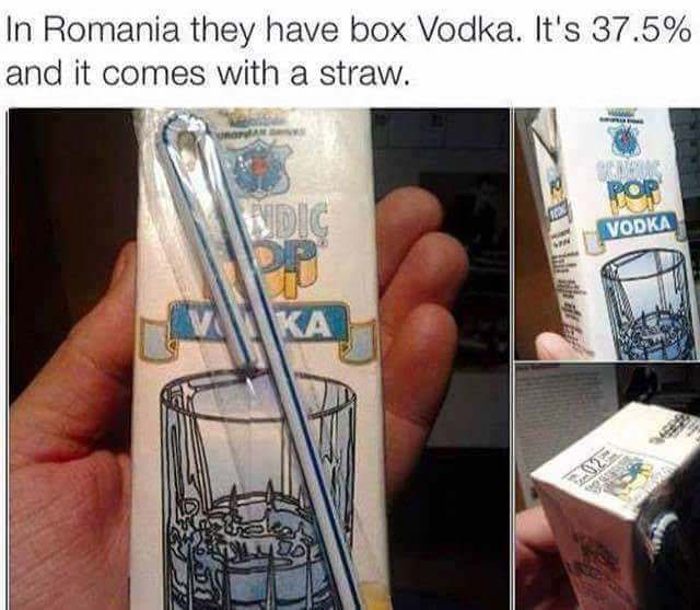 funny memes - russian vodka juice box - In Romania they have box Vodka. It's 37.5% and it comes with a straw. Vodka Style