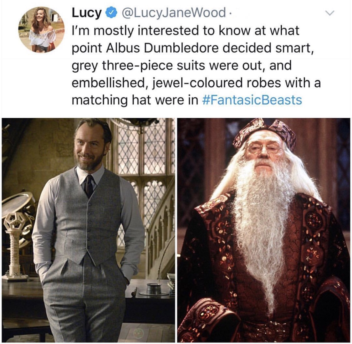 pics and memes - dumbledore three piece suit meme - Lucy . I'm mostly interested to know at what point Albus Dumbledore decided smart, grey threepiece suits were out, and embellished, jewelcoloured robes with a matching hat were in