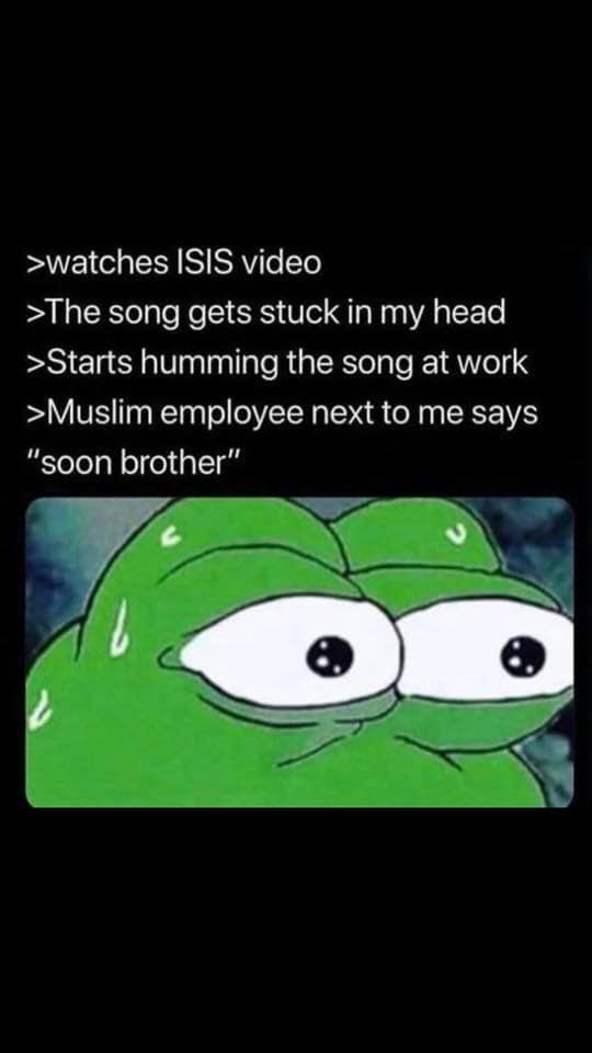 Humour - >watches Isis video >The song gets stuck in my head >Starts humming the song at work >Muslim employee next to me says "soon brother" oo