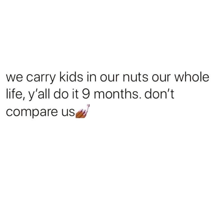 funny pics - point - we carry kids in our nuts our whole life, y'all do it 9 months. don't compare us