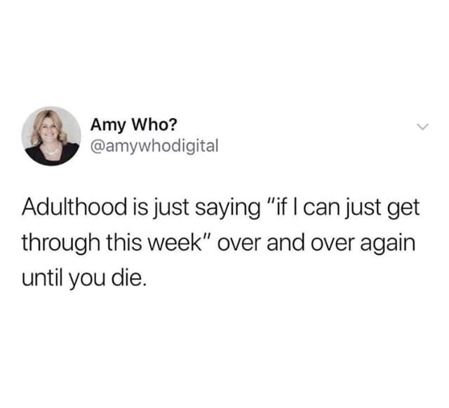 funny pics - venmo some titty - Amy Who? Adulthood is just saying "if I can just get through this week" over and over again until you die.