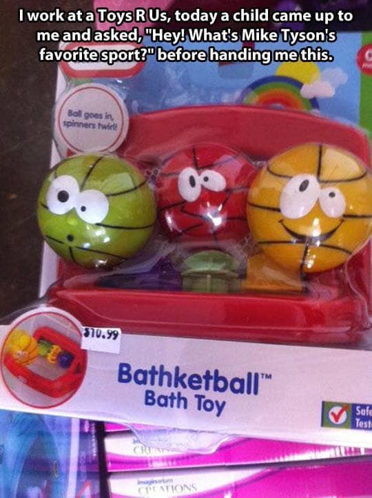 toy - I work at a Toys R Us, today a child came up to me and asked, "Hey! What's Mike Tyson's favorite sport?" before handing me this. Ball goes in spinners $0.99 Bathketball Bath Toy Safe Yest Che