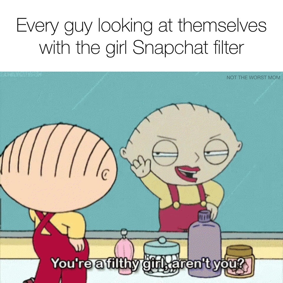 family guy comedy - Every guy looking at themselves with the girl Snapchat filter Not The Worst Mom You're a filthy girls aren't you?