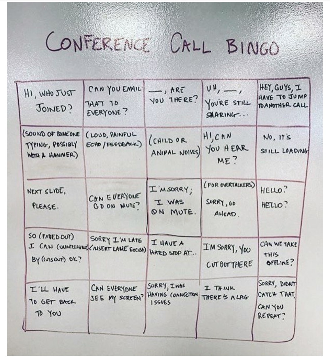 conference call bingo - Conference Call Bingo Hl. Who Just Un __ Can You Email _, Are You There? Everyone? Hey, Guys, I Have To Jump That 70 You'Re Still Joined To Another Call Faring... Hican No, it's Sound Of Someone Loud, Painful Typing, Possibly Echop