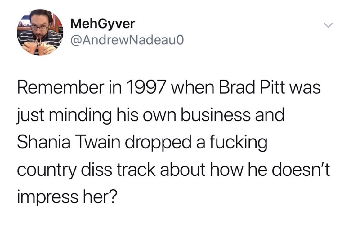 2019 gcse memes - MehGyver Remember in 1997 when Brad Pitt was just minding his own business and Shania Twain dropped a fucking country diss track about how he doesn't impress her?