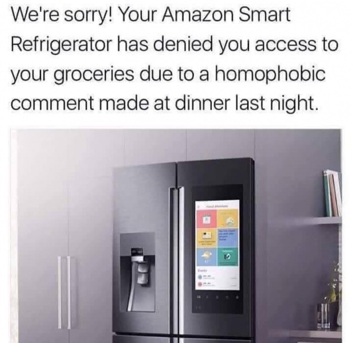 Refrigerator - We're sorry! Your Amazon Smart Refrigerator has denied you access to your groceries due to a homophobic comment made at dinner last night.