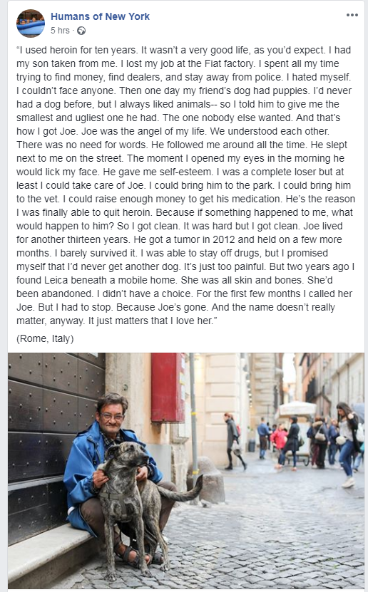 newspaper - Humans of New York 5 hrs. "I used heroin for ten years. It wasn't a very good life, as you'd expect. I had my son taken from me. I lost my job at the Fiat factory. I spent all my time trying to find money, find dealers, and stay away from poli